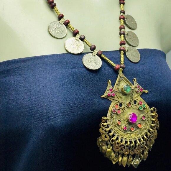 Vintage Coins Pendant Necklace, Metal And Wooden Beaded Chain Necklace - Picture 5 of 12